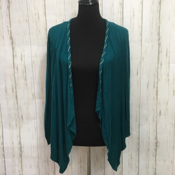 T Tahari green open cardigan with silver chain trim detail size Medium - Picture 1 of 6